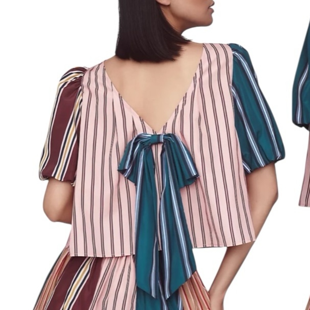 Maeve Anthropologie Taffeta Bow Swing Blouse Puff Sleeve size XS Pink Stripe - Picture 2 of 10
